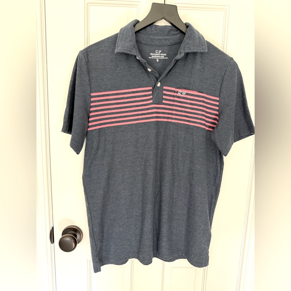 Vineyard Vines Charcoal and Coral Striped Polo